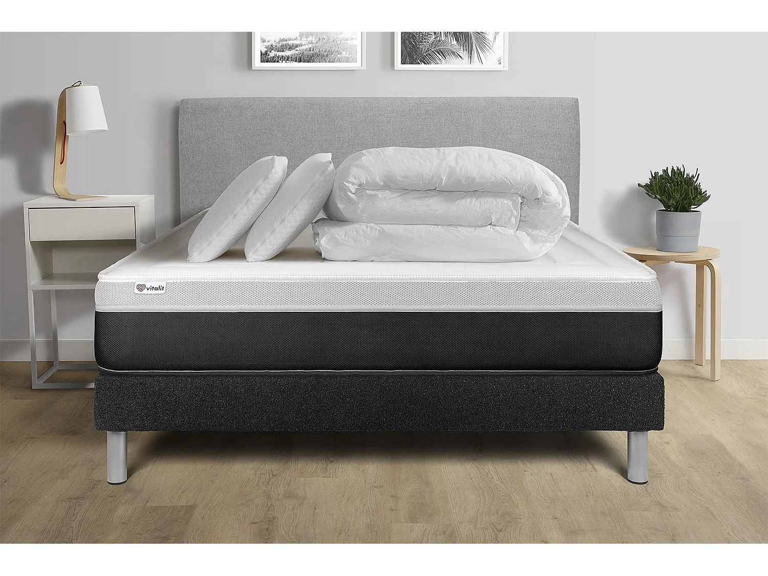 Pack lit complet - Matelas 140x190 cm + Sommier tapissier à lattes (en kit) + 2 oreillers + Couette - Vital Form