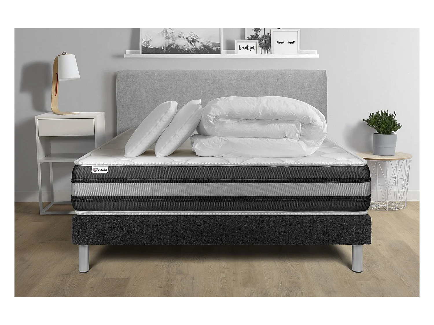 Pack lit complet - Matelas 140x190 cm + Sommier tapissier à lattes (en kit) + 2 oreillers + Couette - Vitalspring Zen