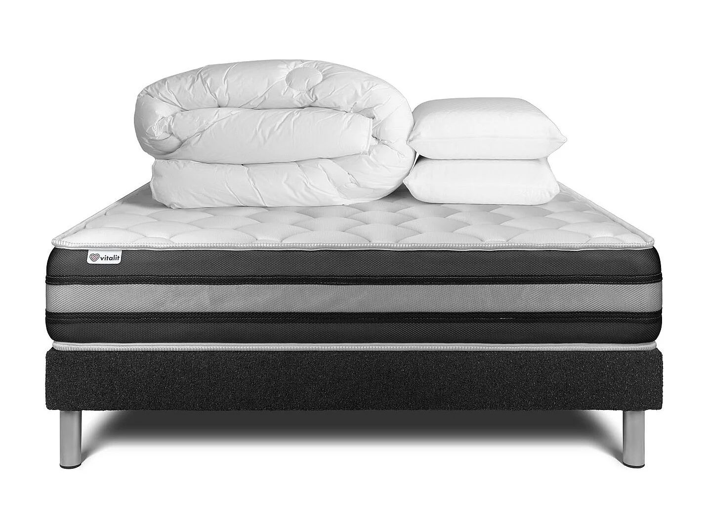 Pack lit complet - Matelas 140x190 cm + Sommier tapissier à lattes (en kit) + 2 oreillers + Couette - Vitalspring Zen