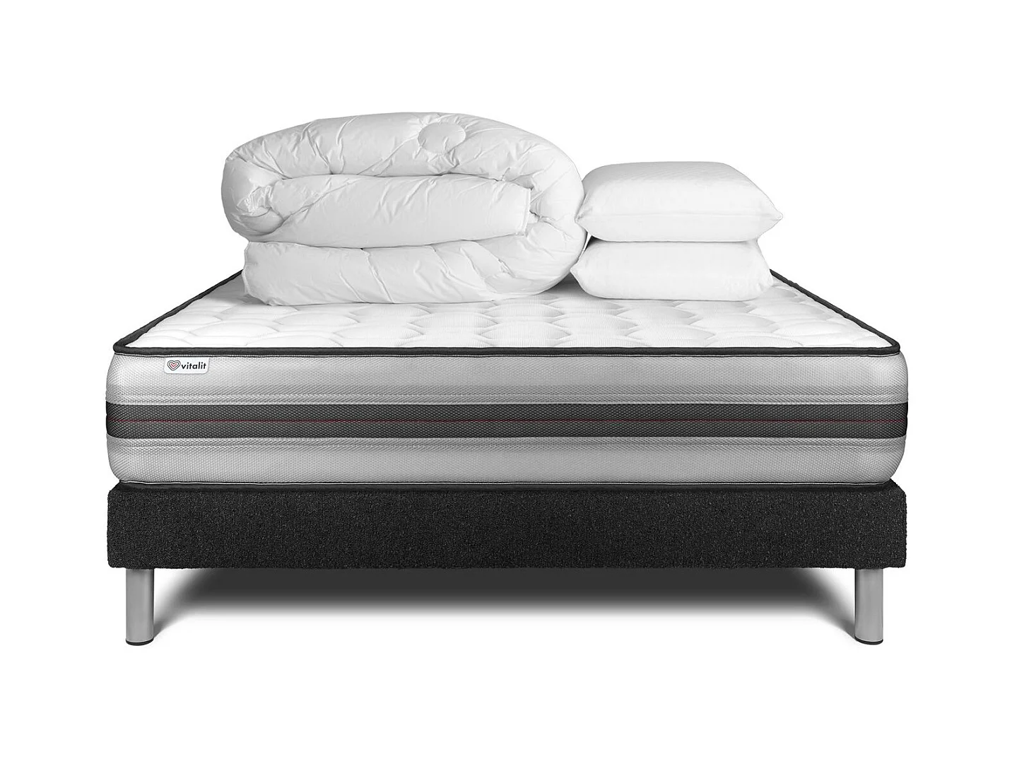 Pack lit complet - Matelas 140x190 cm + Sommier tapissier à lattes (en kit) + 2 oreillers + Couette - Vitalpower Recover