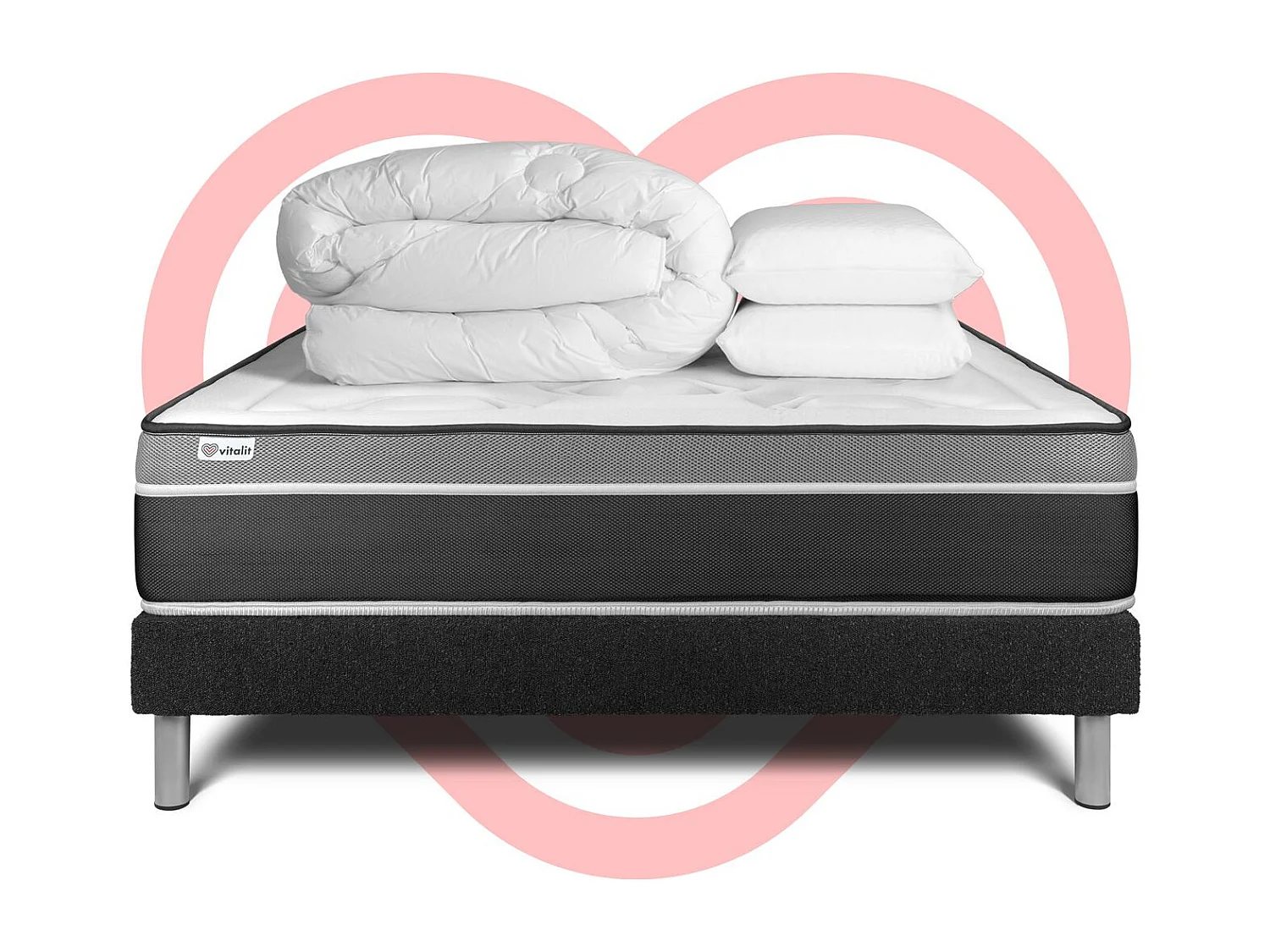 Pack lit complet - Matelas 140x200 cm + Sommier tapissier à lattes (en kit) + 2 oreillers + Couette - Vital Care