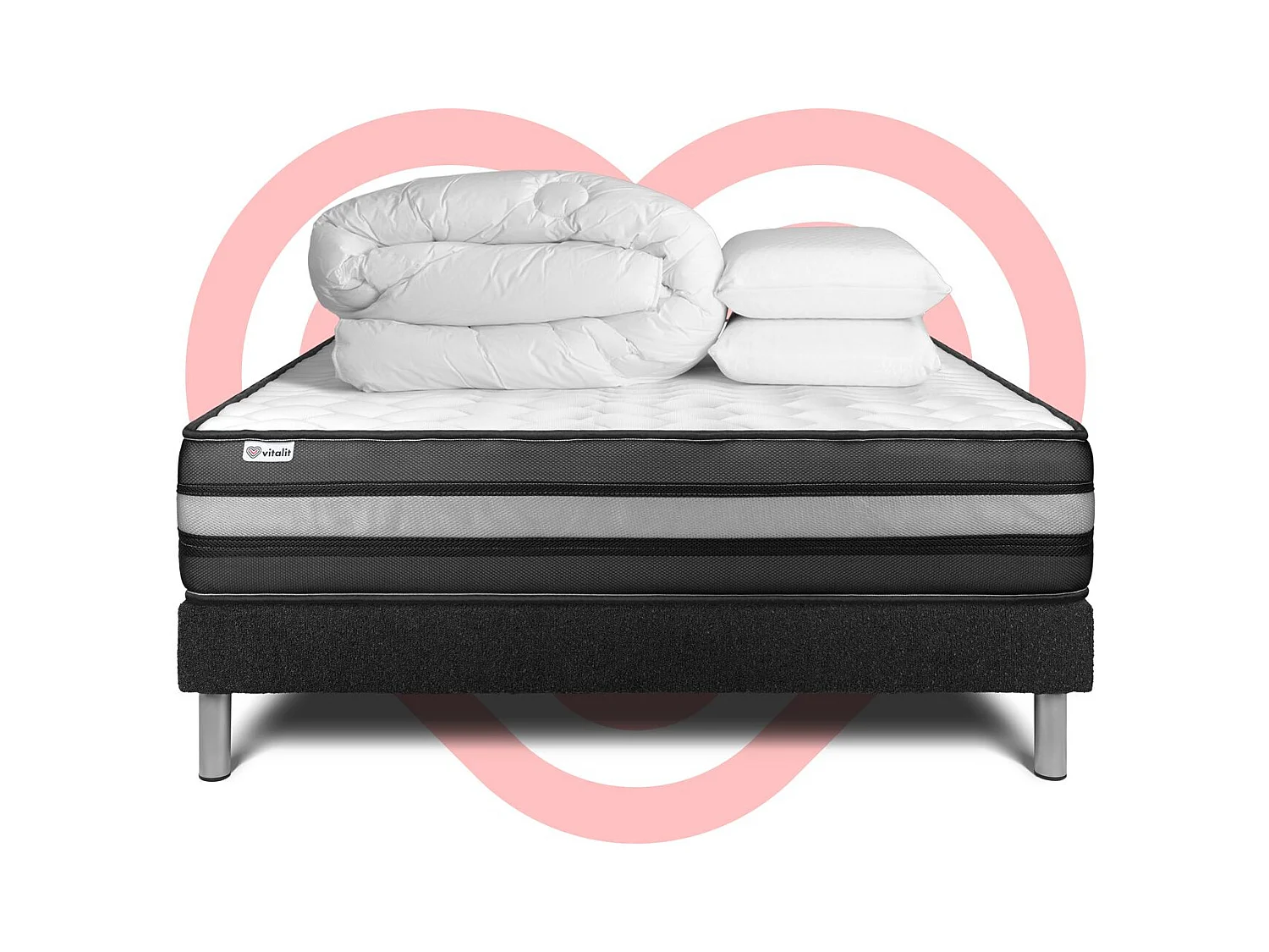 Pack lit complet - Matelas 140x190 cm + Sommier tapissier à lattes (en kit) + 2 oreillers + Couette - Vital Power Zen