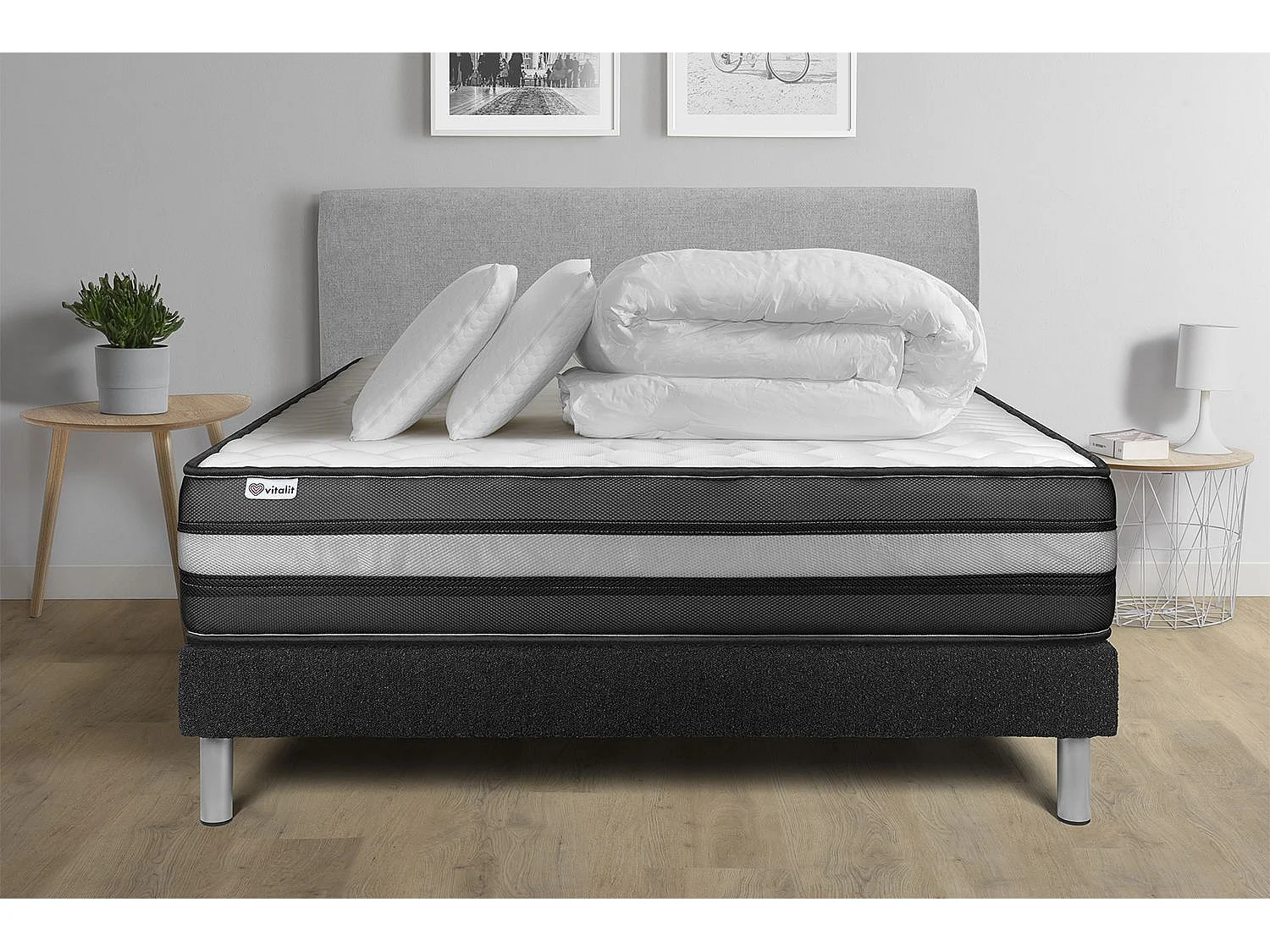 Pack lit complet - Matelas 140x190 cm + Sommier tapissier à lattes (en kit) + 2 oreillers + Couette - Vital Power Zen