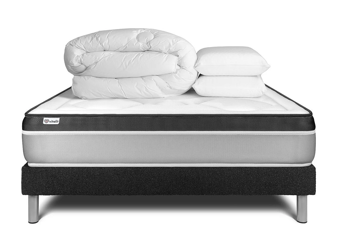 Pack lit complet - Matelas 140x200 cm + Sommier tapissier à lattes (en kit) + 2 oreillers + Couette - Vital Ergo
