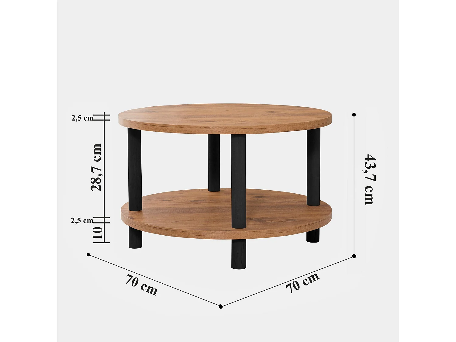Mesa de café Kailua 1412, Negro|Pino, 44cm, Diámetro: 70, Aglomerado laminado, Redonda