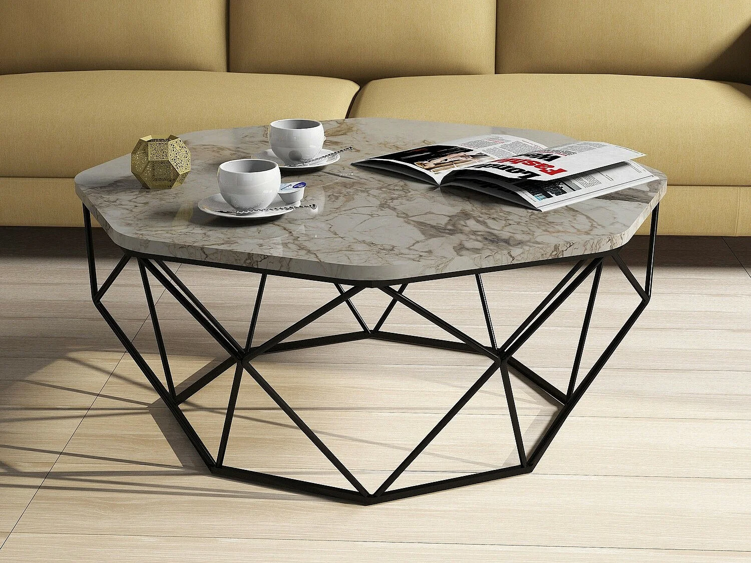 Mesa de café Kailua 1227, Mármol blanco, 38cm, Diámetro: 90, Aglomerado laminado, Redonda