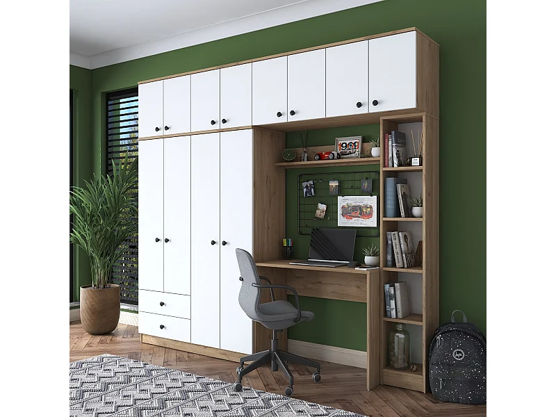 Armario con escritorio BA122 2697 blanco color nogal 240x216.8x42.5 cm