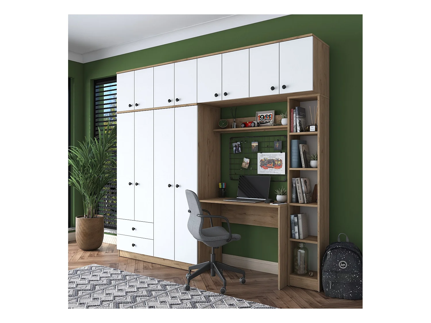 Armario con escritorio BA122 2697 blanco color nogal 240x216.8x42.5 cm