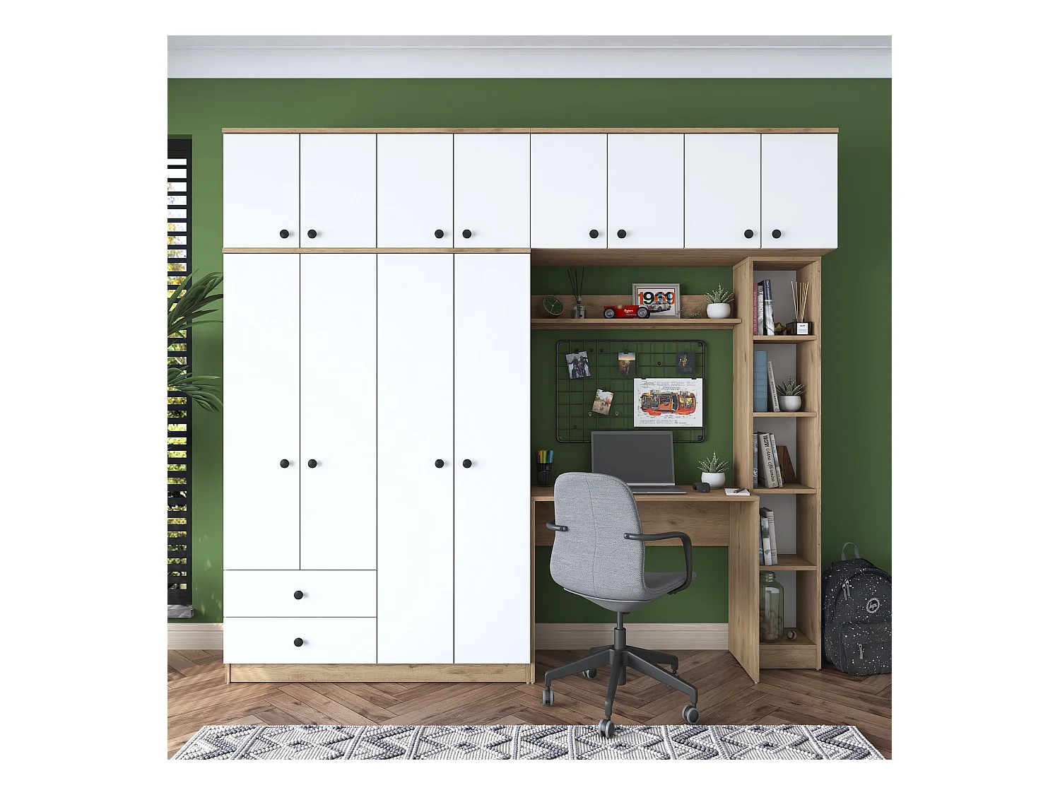 Armario con escritorio BA122 2697 blanco color nogal 240x216.8x42.5 cm