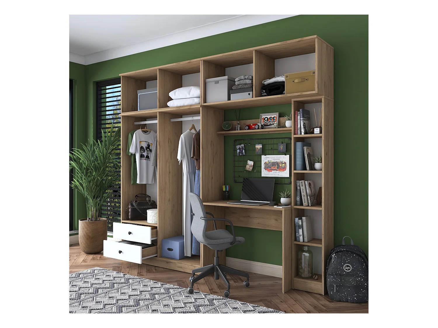 Armario con escritorio BA122 2697 blanco color nogal 240x216.8x42.5 cm