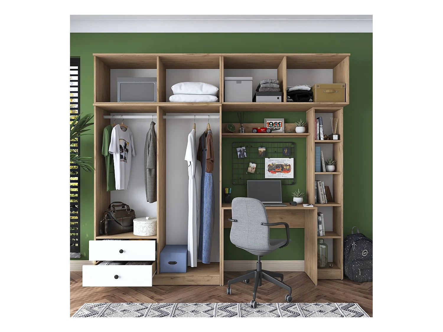 Armario con escritorio BA122 2697 blanco color nogal 240x216.8x42.5 cm