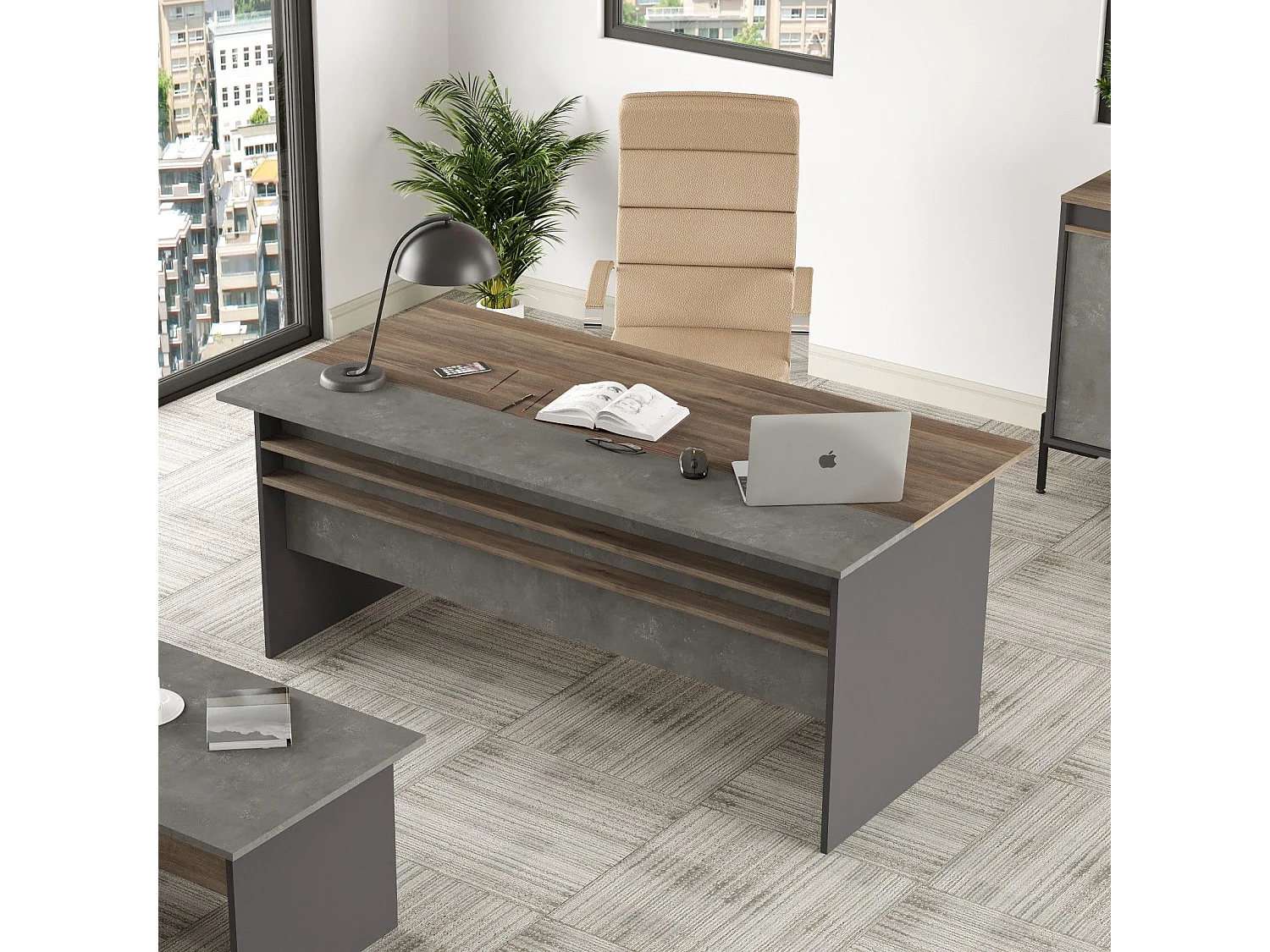 Mesa de oficina Kailua 766, 75x180x90cm, Marrón|Gris|Antracita
