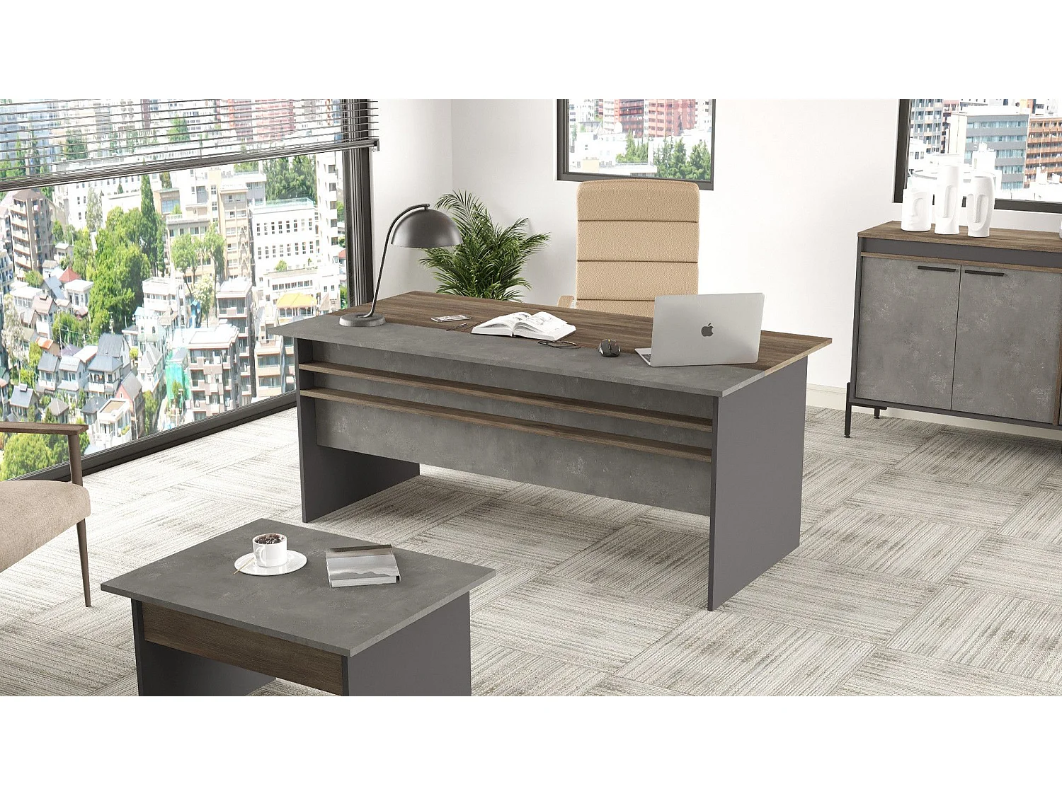 Mesa de oficina Kailua 766, 75x180x90cm, Marrón|Gris|Antracita