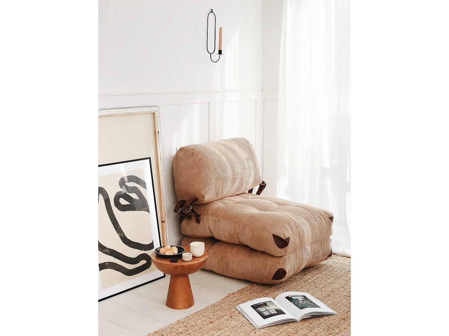 Eleganter 1-Sitzer-Schlafsessel, Cord in Camel, 80 x 70 x 60 cm | 100 % Polyester, Komforthöhe von 24 cm, umbaubar in ein 160 cm breites Bet