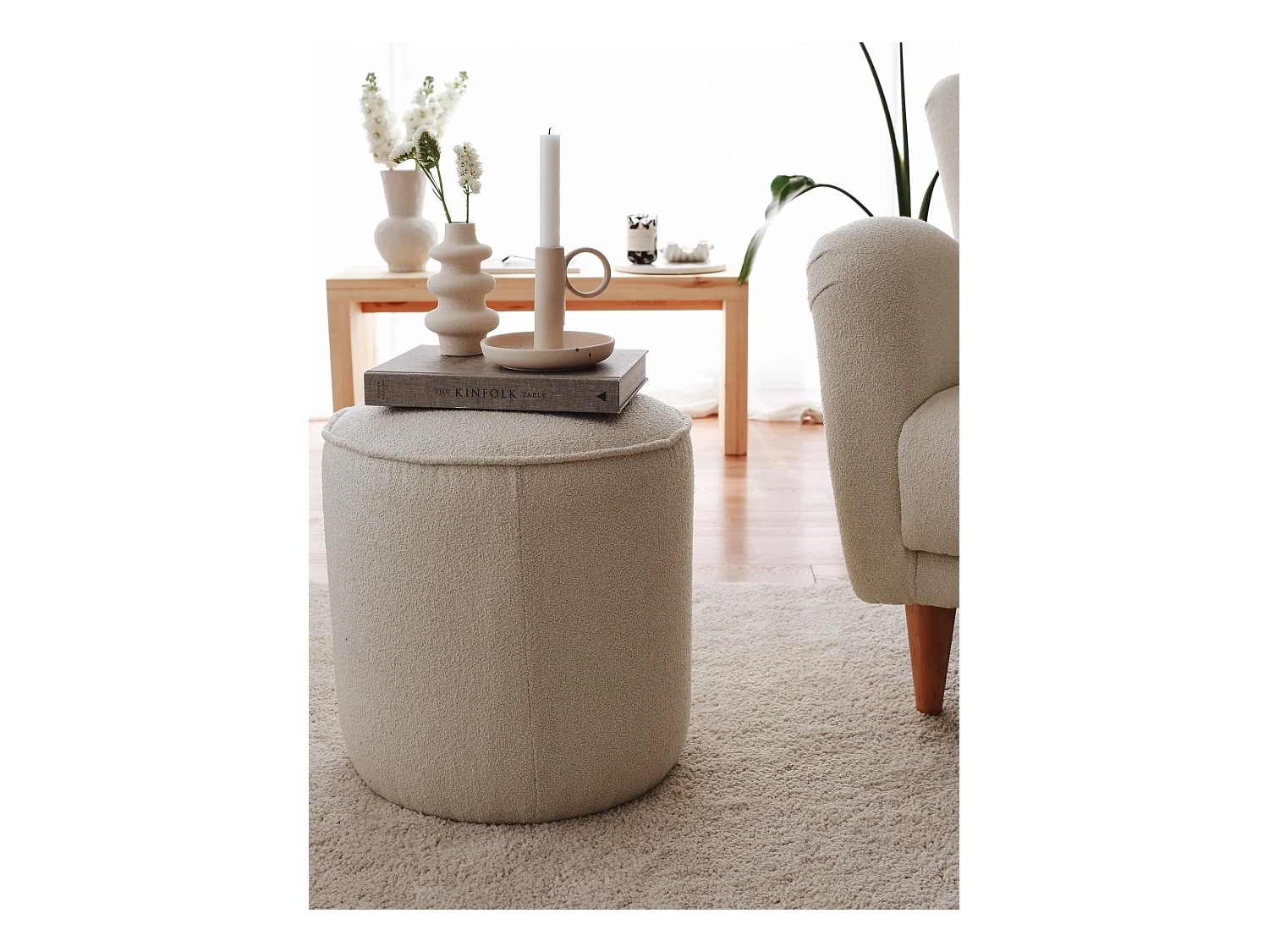 Puf Altadena 570, De color marrón claro, 45cm, Diámetro: 43, Tapiz