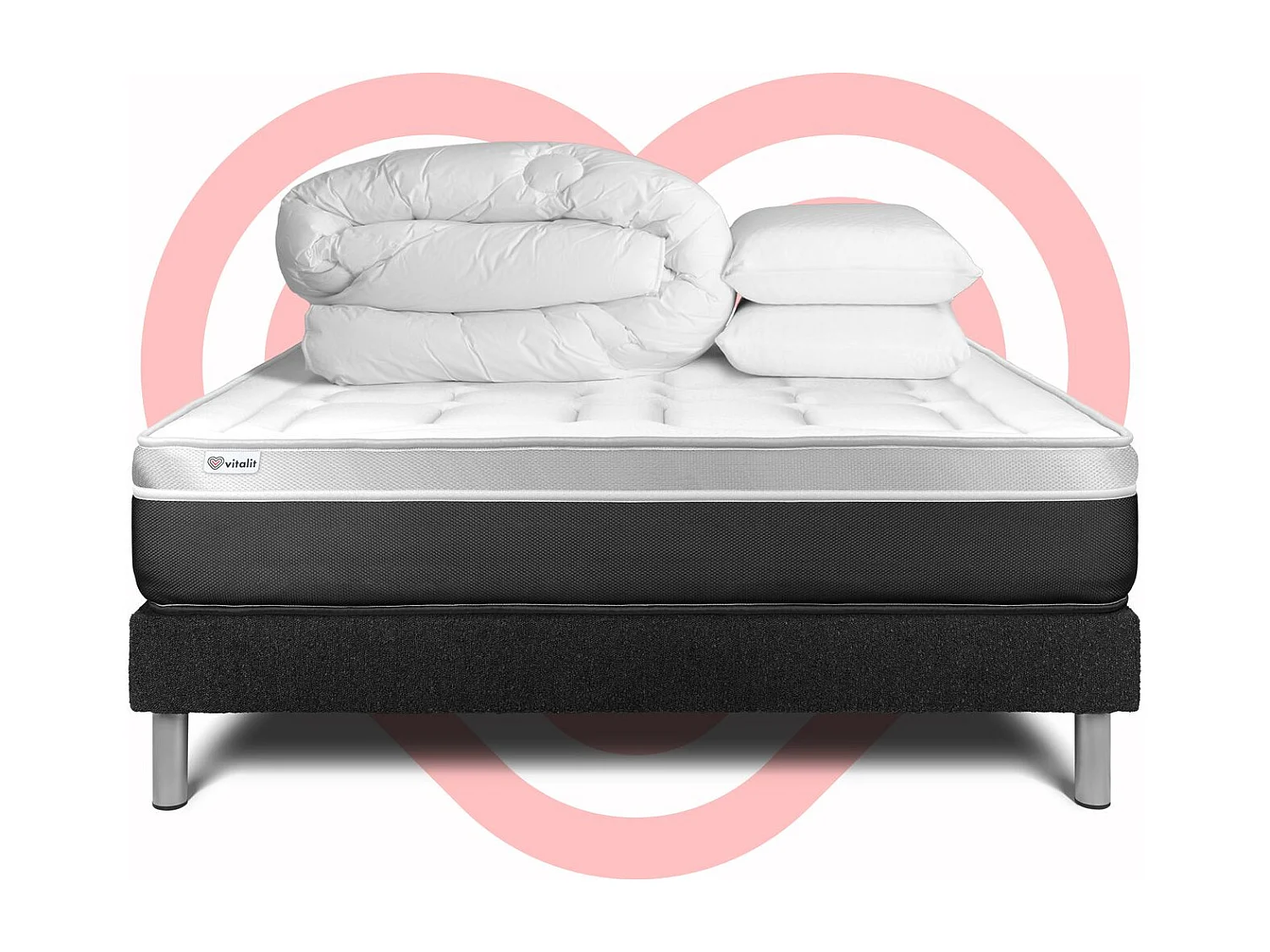 Pack lit complet - Matelas 140x200 cm + Sommier tapissier à lattes (en kit) + 2 oreillers + Couette - Vital Soft