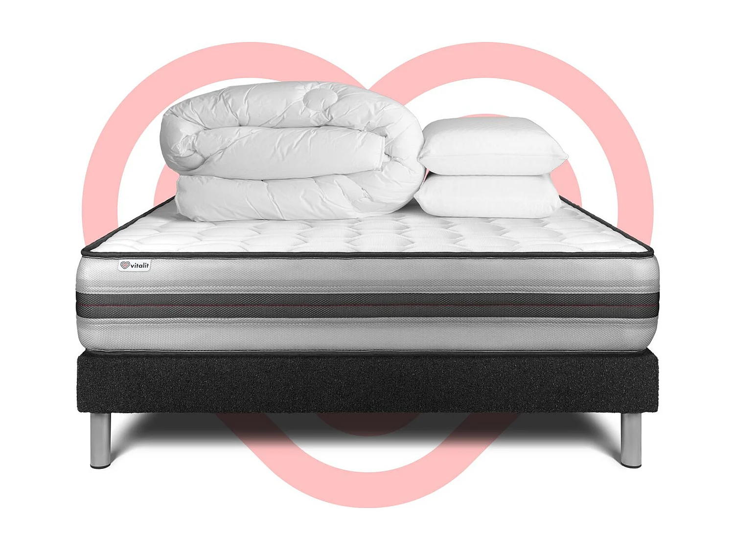 Pack lit complet - Matelas 140x200 cm + Sommier tapissier à lattes (en kit) + 2 oreillers + Couette - Vitalpower Recover