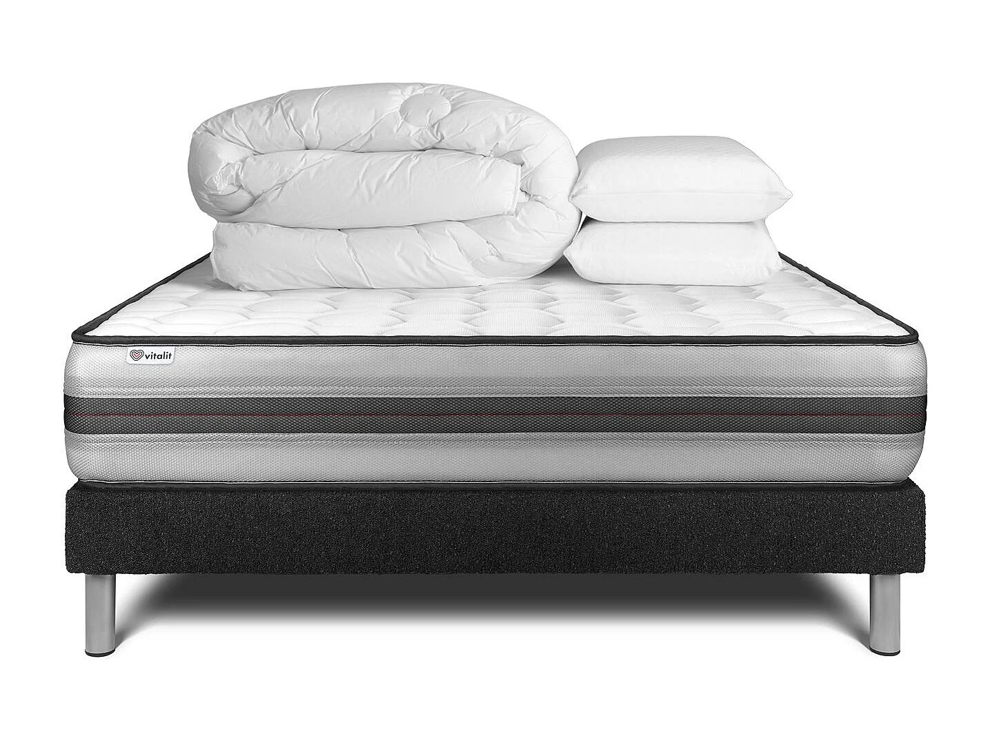 Pack lit complet - Matelas 140x200 cm + Sommier tapissier à lattes (en kit) + 2 oreillers + Couette - Vitalpower Recover
