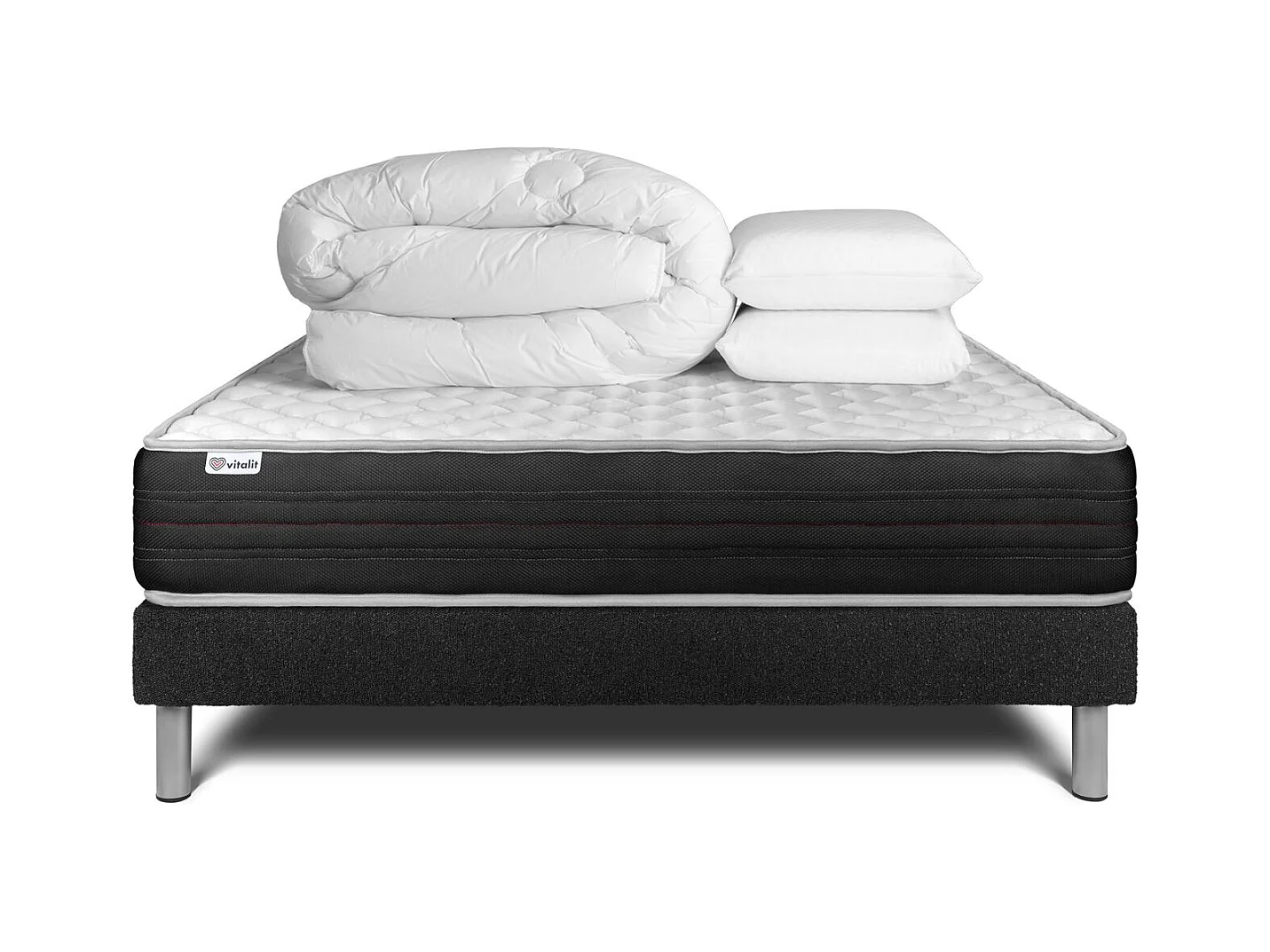 Pack lit complet - Matelas 140x190 cm + Sommier tapissier à lattes (en kit) + 2 oreillers + Couette - Vitalmemo One