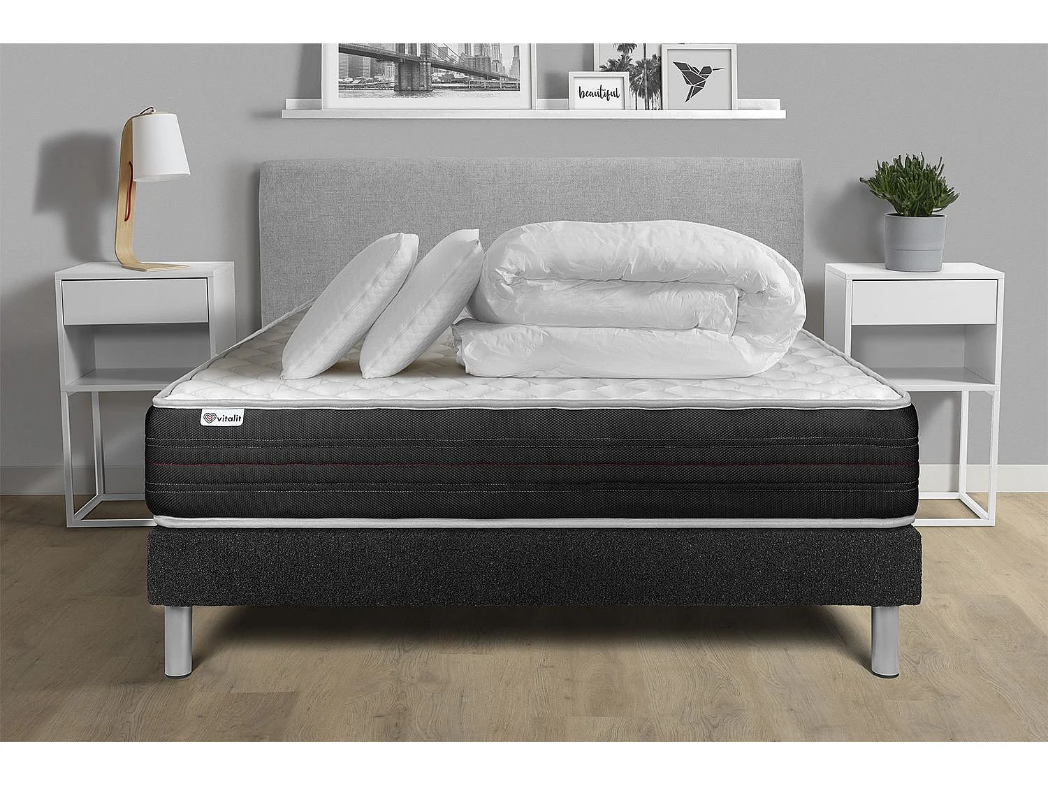 Pack lit complet - Matelas 140x190 cm + Sommier tapissier à lattes (en kit) + 2 oreillers + Couette - Vitalmemo One