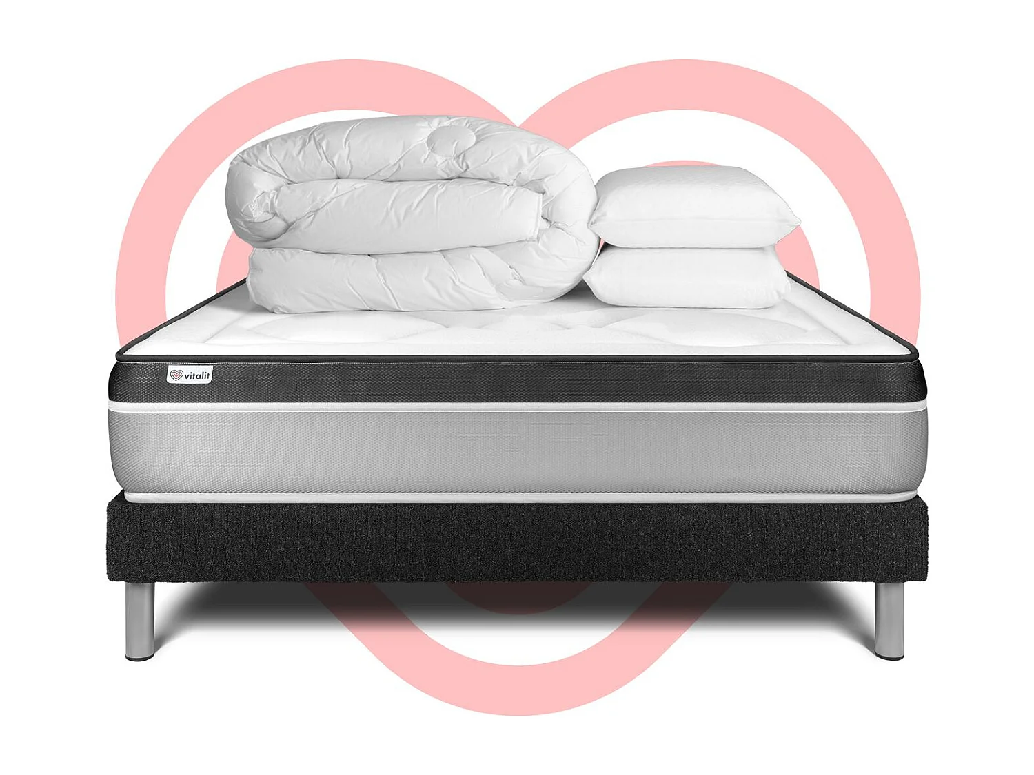 Pack lit complet - Matelas 140x190 cm + Sommier tapissier à lattes (en kit) + 2 oreillers + Couette - Vital Ergo