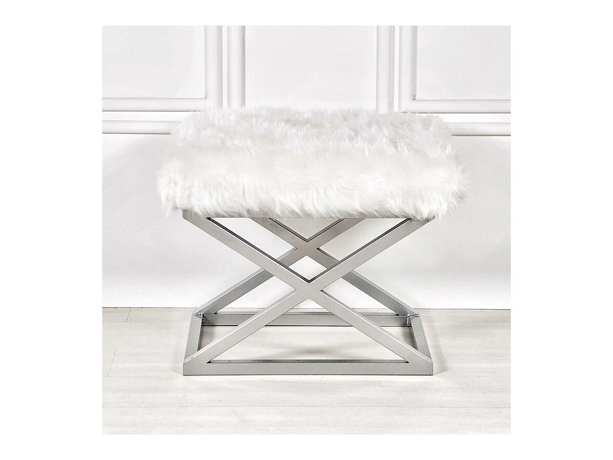Tabouret style industriel Lemed Métal Argent et Tissu peluche Blanc