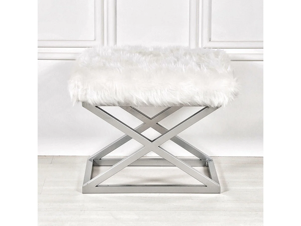 Tabouret style industriel Lemed Métal Argent et Tissu peluche Blanc