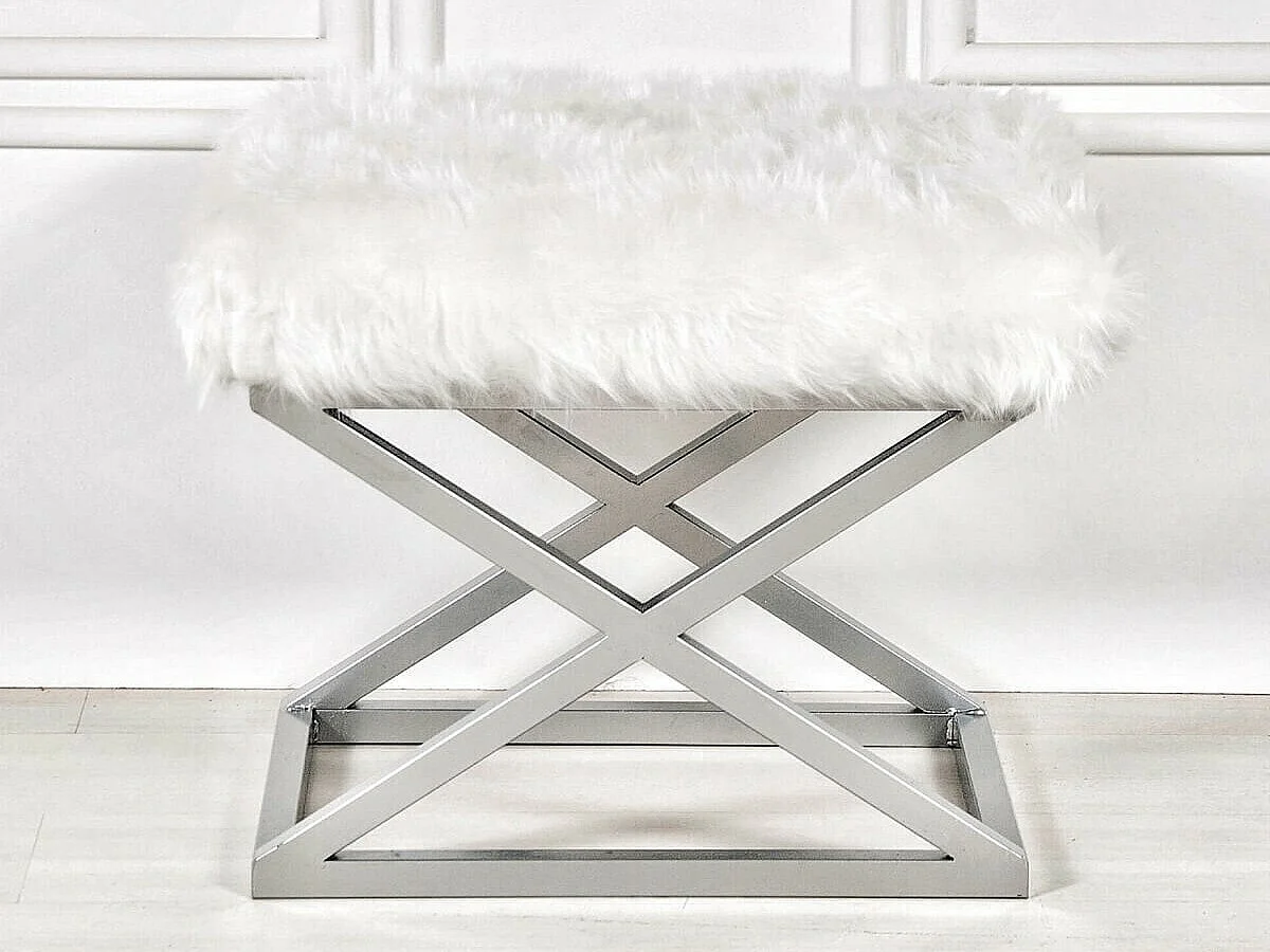 Tabouret style industriel Lemed Métal Argent et Tissu peluche Blanc