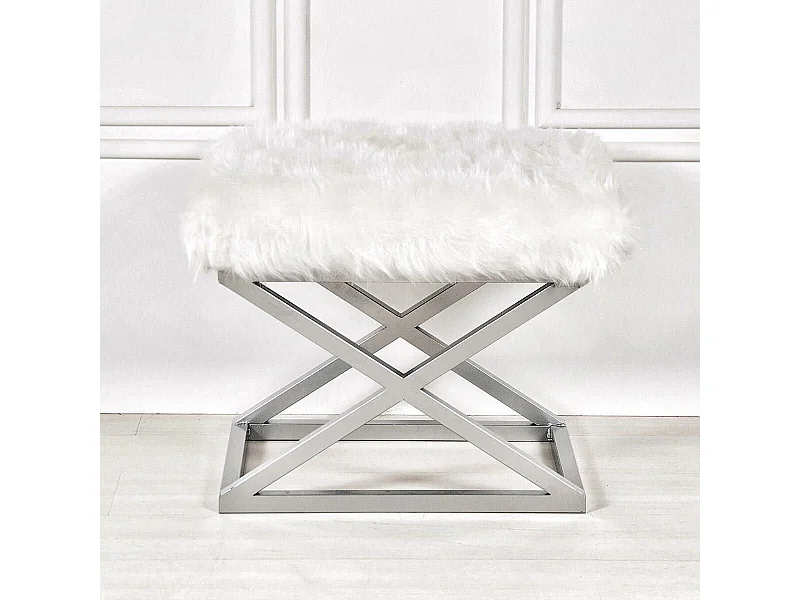 Tabouret style industriel Lemed Métal Argent et Tissu peluche Blanc