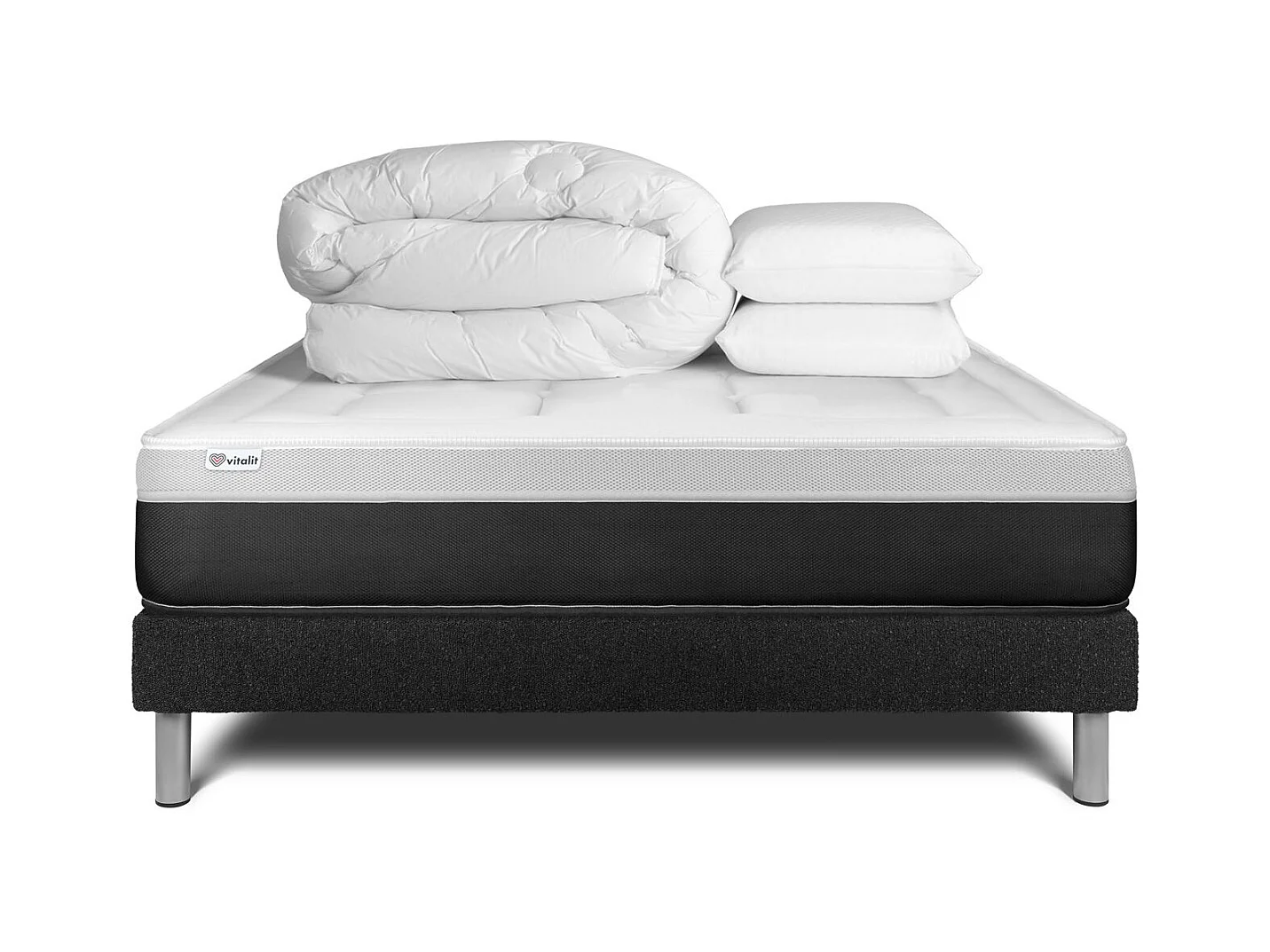 Pack lit complet - Matelas 140x200 cm + Sommier tapissier à lattes (en kit) + 2 oreillers + Couette - Vital Form