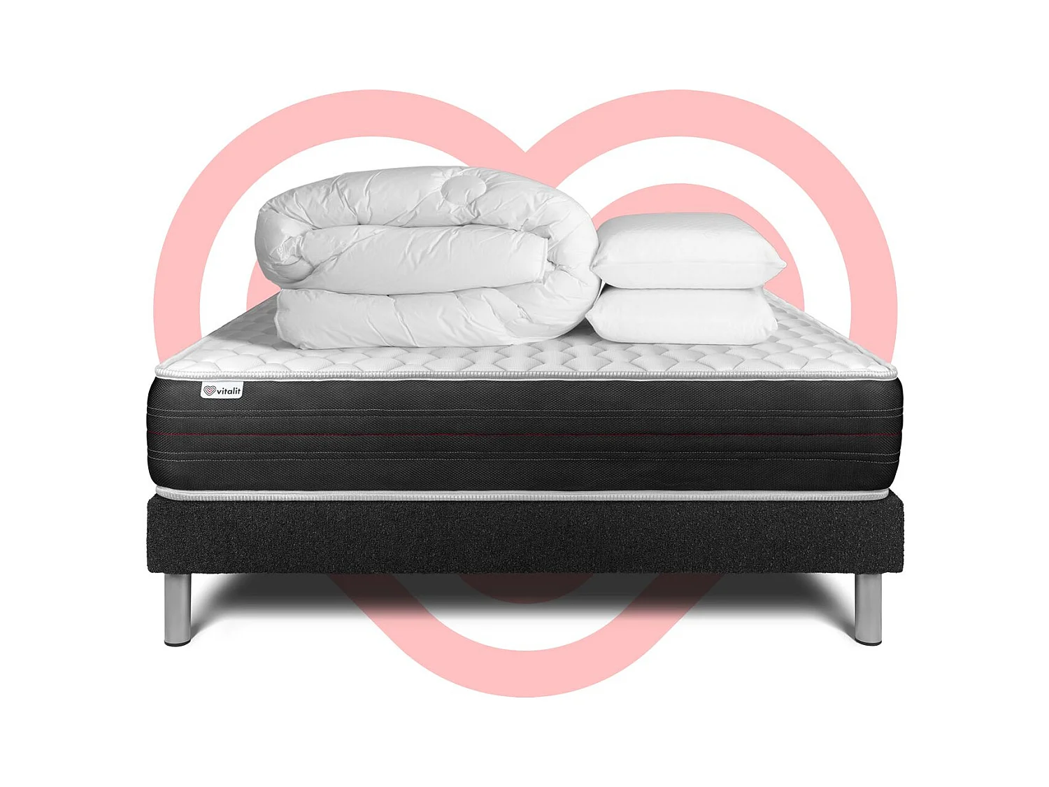 Pack lit complet - Matelas 140x200 cm + Sommier tapissier à lattes (en kit) + 2 oreillers + Couette - Vitalspring