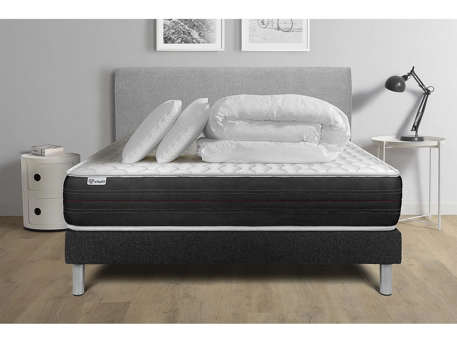 Pack lit complet - Matelas 140x200 cm + Sommier tapissier à lattes (en kit) + 2 oreillers + Couette - Vitalspring