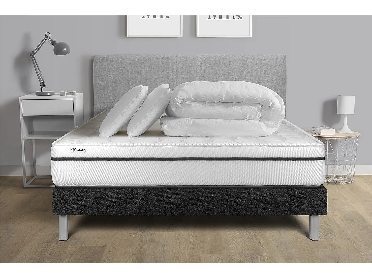Pack lit complet - Matelas 140x200 cm + Sommier tapissier à lattes (en kit) + 2 oreillers + Couette - Vital Spa