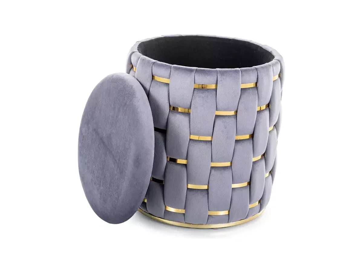Pouf tressé en velours gris avec rangement intégré et détails dorés élégants TOPPIZ
