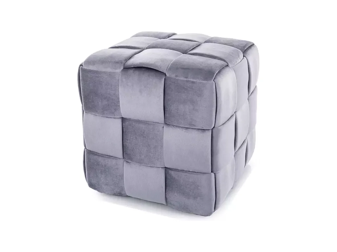 Pouf cube en velours gris à effet tressé, forme carrée et rembourrage doux ANIANKAZ
