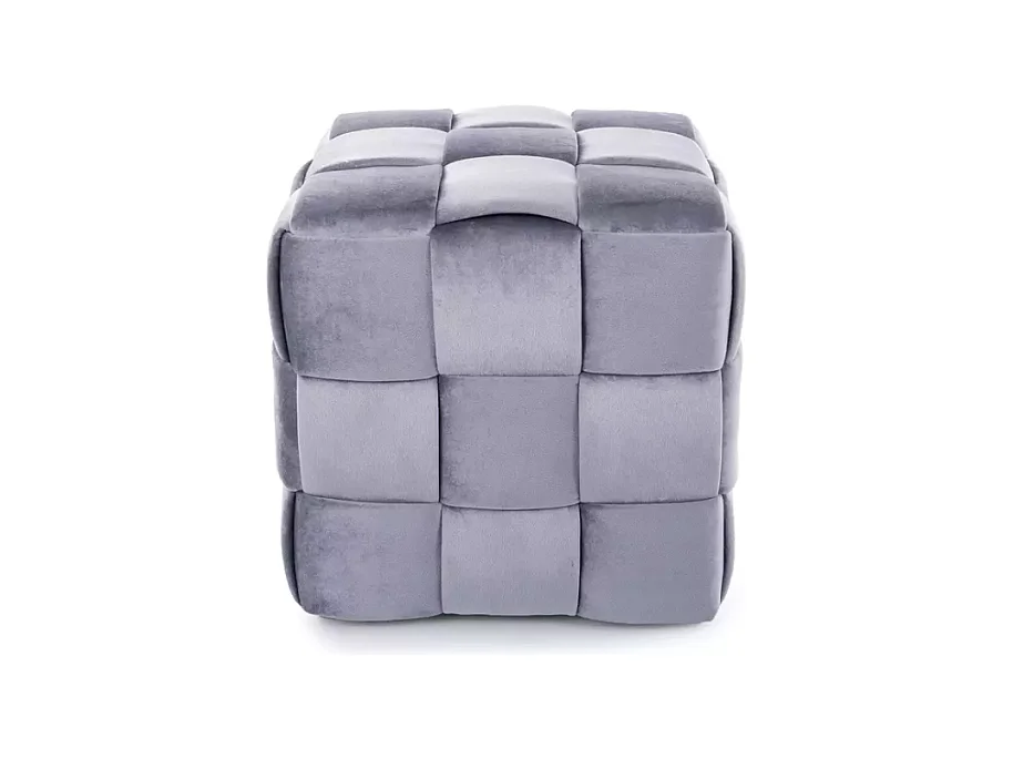 Pouf cube en velours gris à effet tressé, forme carrée et rembourrage doux ANIANKAZ