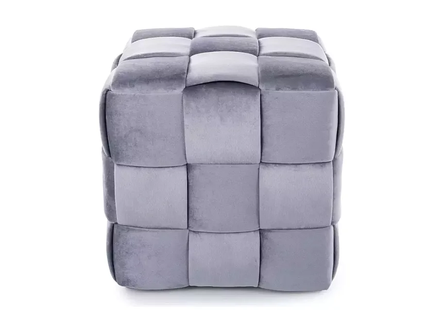 Pouf cube en velours gris à effet tressé, forme carrée et rembourrage doux ANIANKAZ