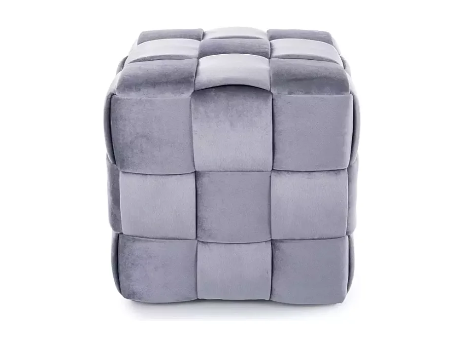Pouf cube en velours gris à effet tressé, forme carrée et rembourrage doux ANIANKAZ
