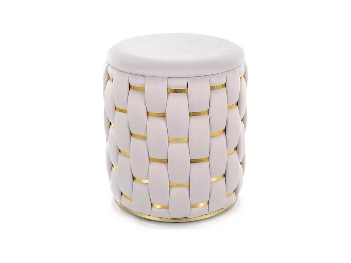 Pouf rond tressé beige en velours avec rangement discret et détails dorés TOPPIZ