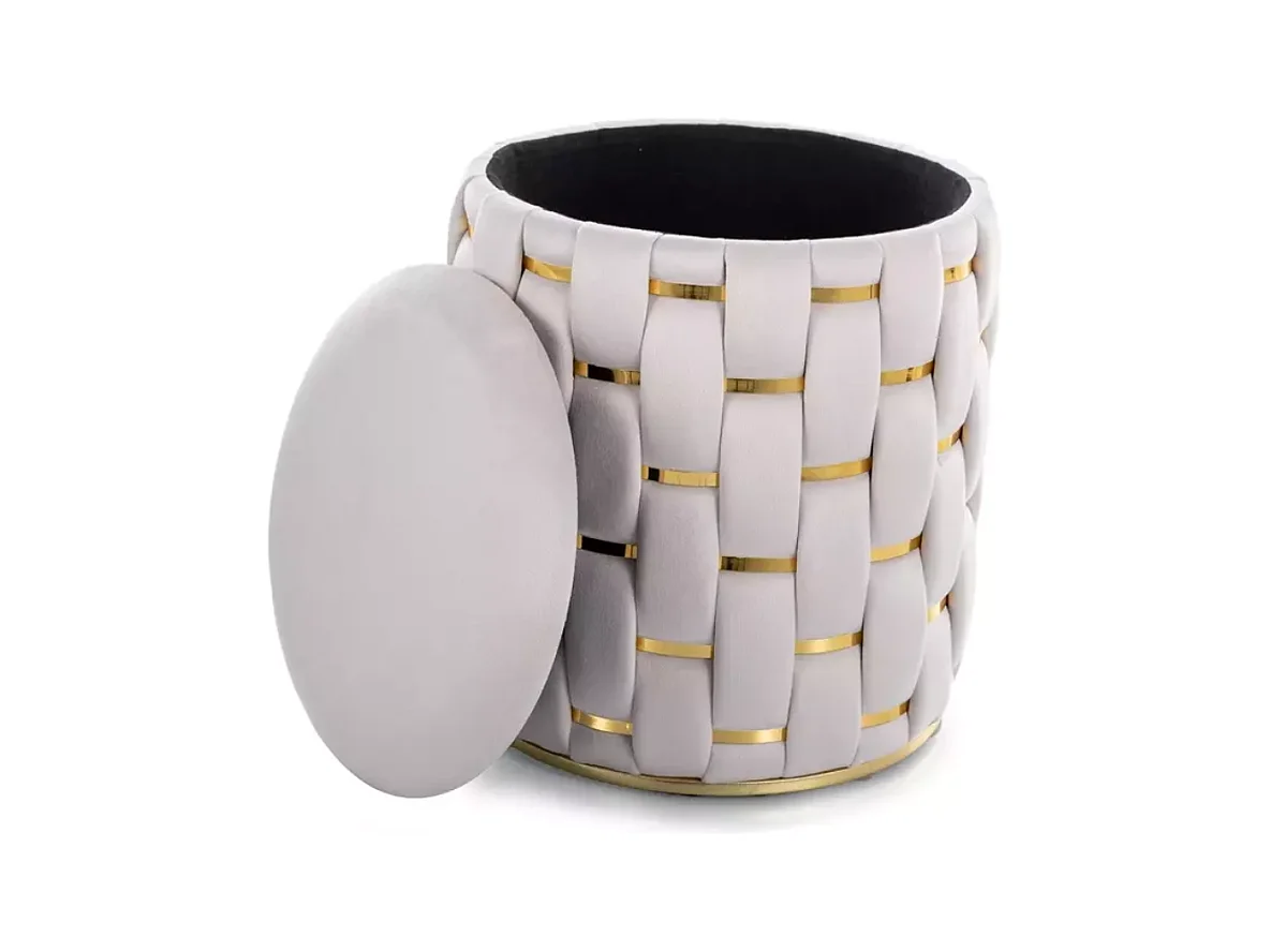 Pouf rond tressé beige en velours avec rangement discret et détails dorés TOPPIZ