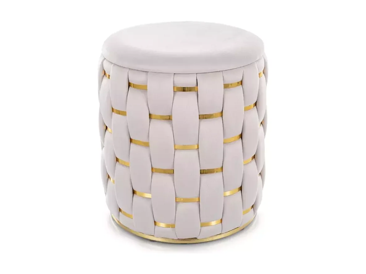 Pouf rond tressé beige en velours avec rangement discret et détails dorés TOPPIZ