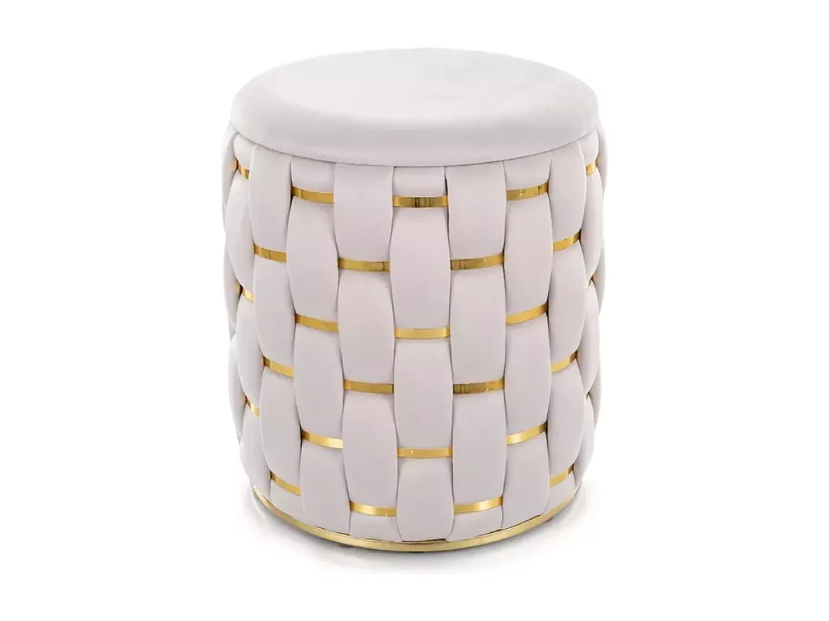 Pouf rond tressé beige en velours avec rangement discret et détails dorés TOPPIZ