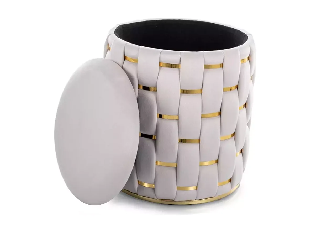 Pouf rond tressé beige en velours avec rangement discret et détails dorés TOPPIZ