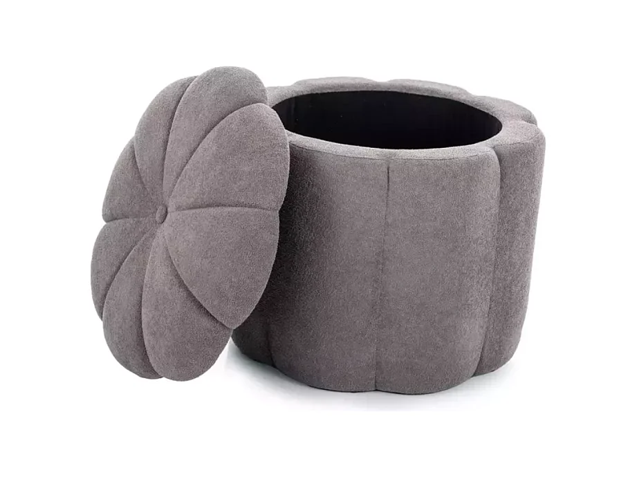 Pouf gris en tissu avec rangement et assise fleur capitonnée décorative MALISER