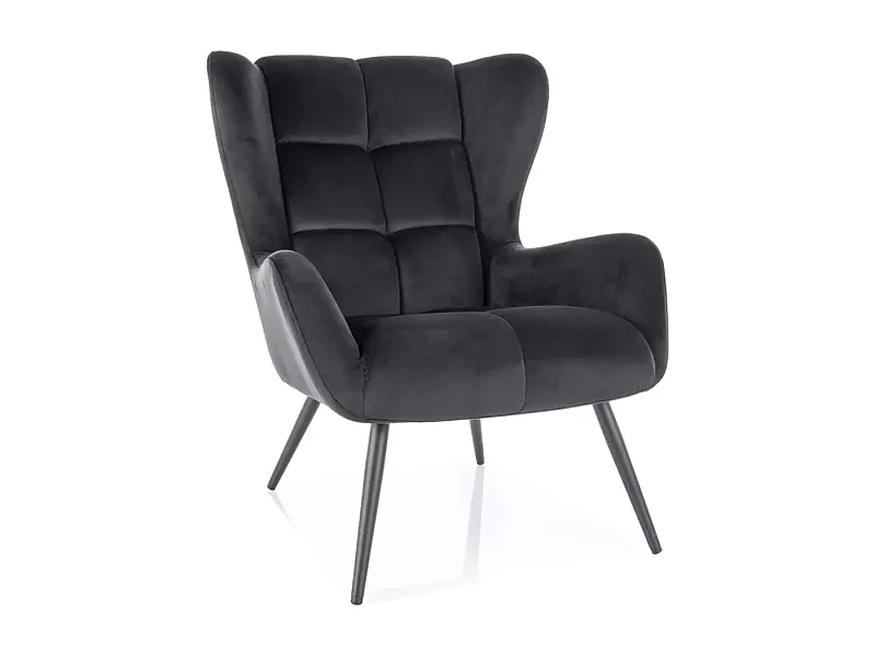 Fauteuil velours noir dossier capitonné style lounge pieds métal noir SUITE