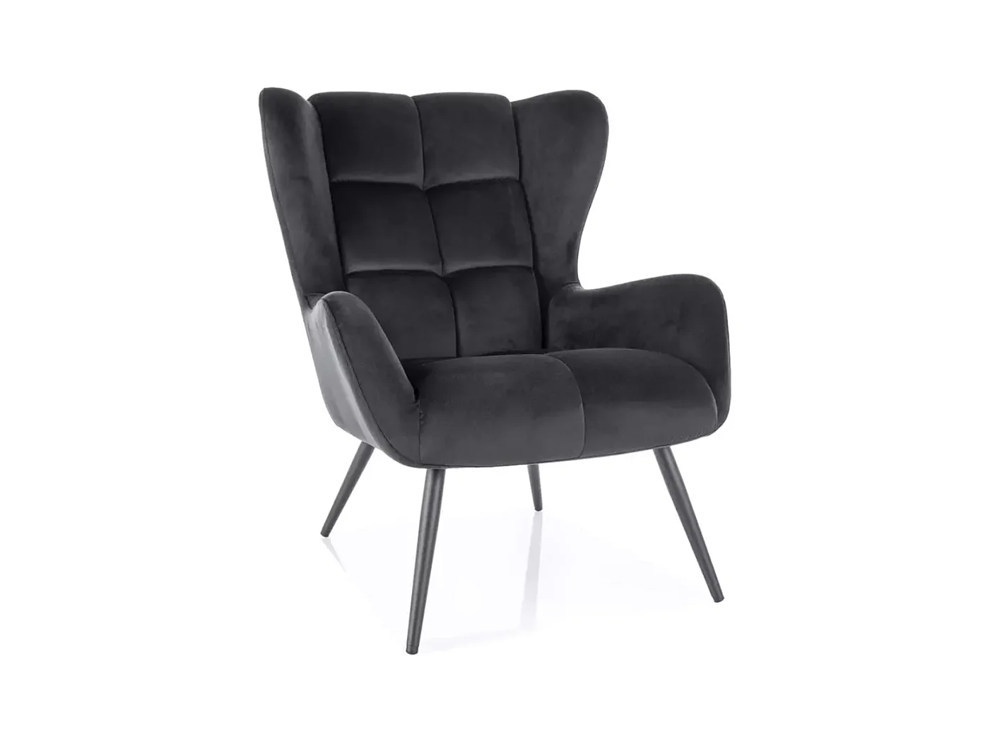 Fauteuil velours noir dossier capitonné style lounge pieds métal noir SUITE
