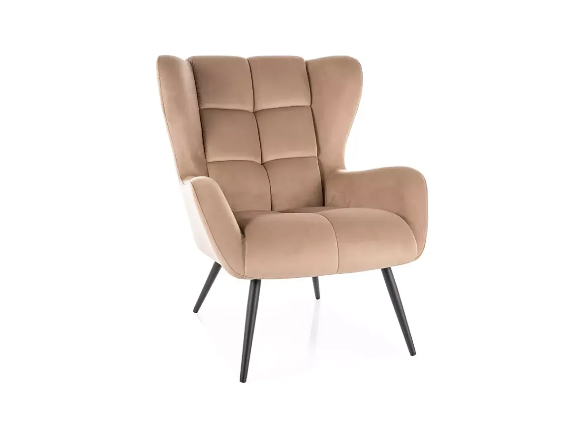 Fauteuil velours beige dossier capitonné confort hôtel pieds métal noir SUITE