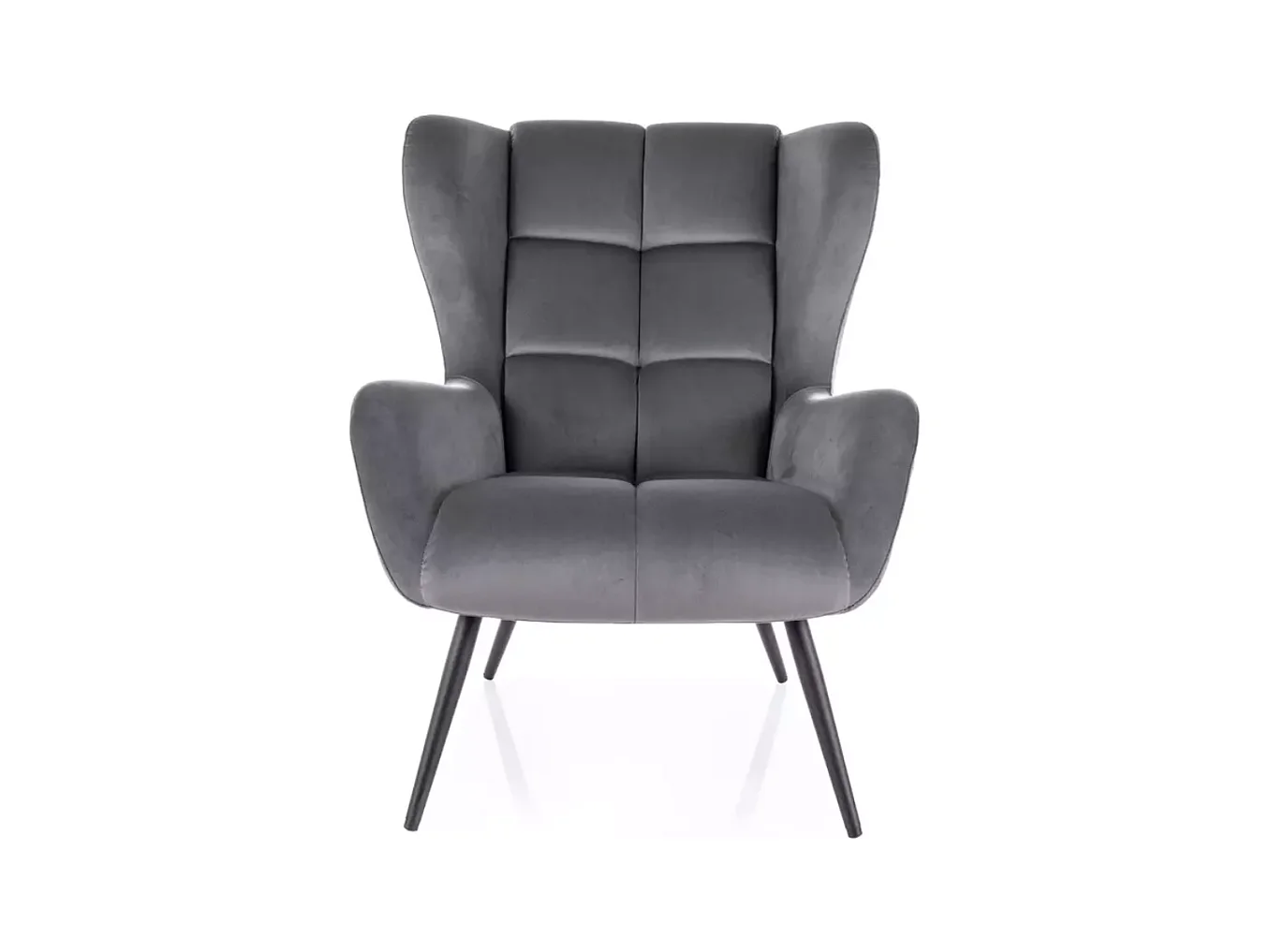 Fauteuil velours gris dossier capitonné esprit cosy pieds métal noir SUITE