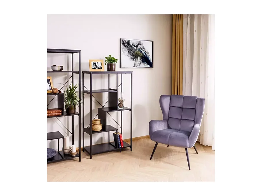 Fauteuil velours gris dossier capitonné esprit cosy pieds métal noir SUITE