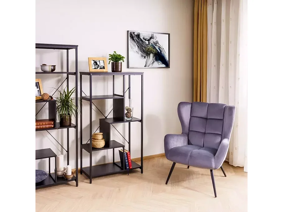 Fauteuil velours gris dossier capitonné esprit cosy pieds métal noir SUITE